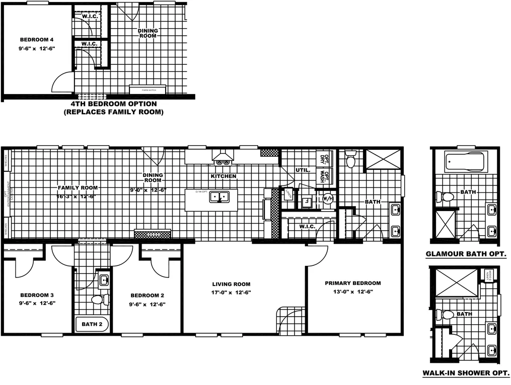 The CLASSIC 56D Floor Plan. This Manufactured Mobile Home features 3 bedrooms and 2 baths.