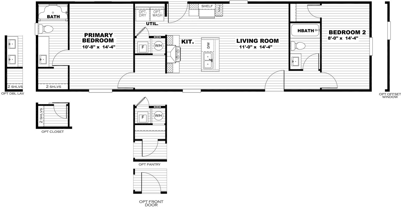 The SPIRIT Floor Plan. This Manufactured Mobile Home features 2 bedrooms and 2 baths.