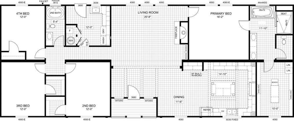 The THE BRYANT Floor Plan. This Manufactured Mobile Home features 4 bedrooms and 2 baths.