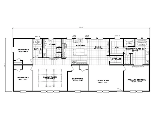 The 1454 CAROLINA Floor Plan. This Manufactured Mobile Home features 4 bedrooms and 2 baths.
