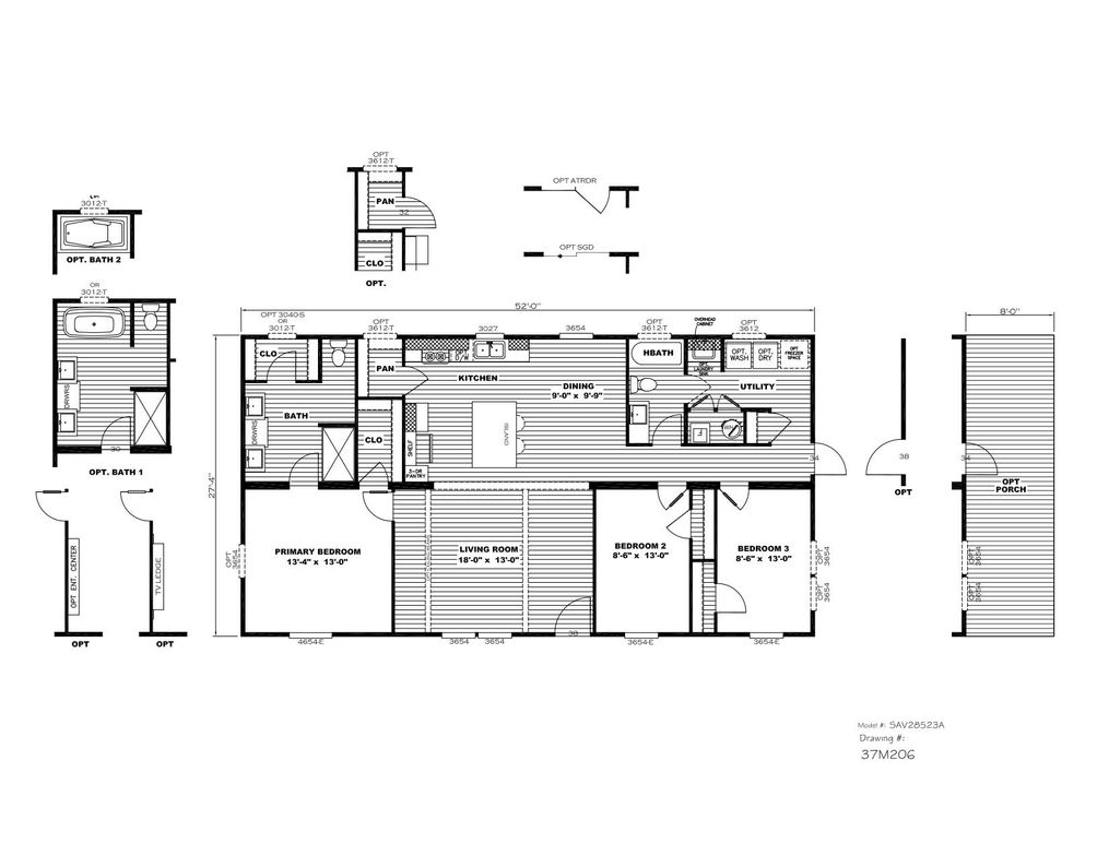 The HARDIN Floor Plan. This Manufactured Mobile Home features 3 bedrooms and 2 baths.