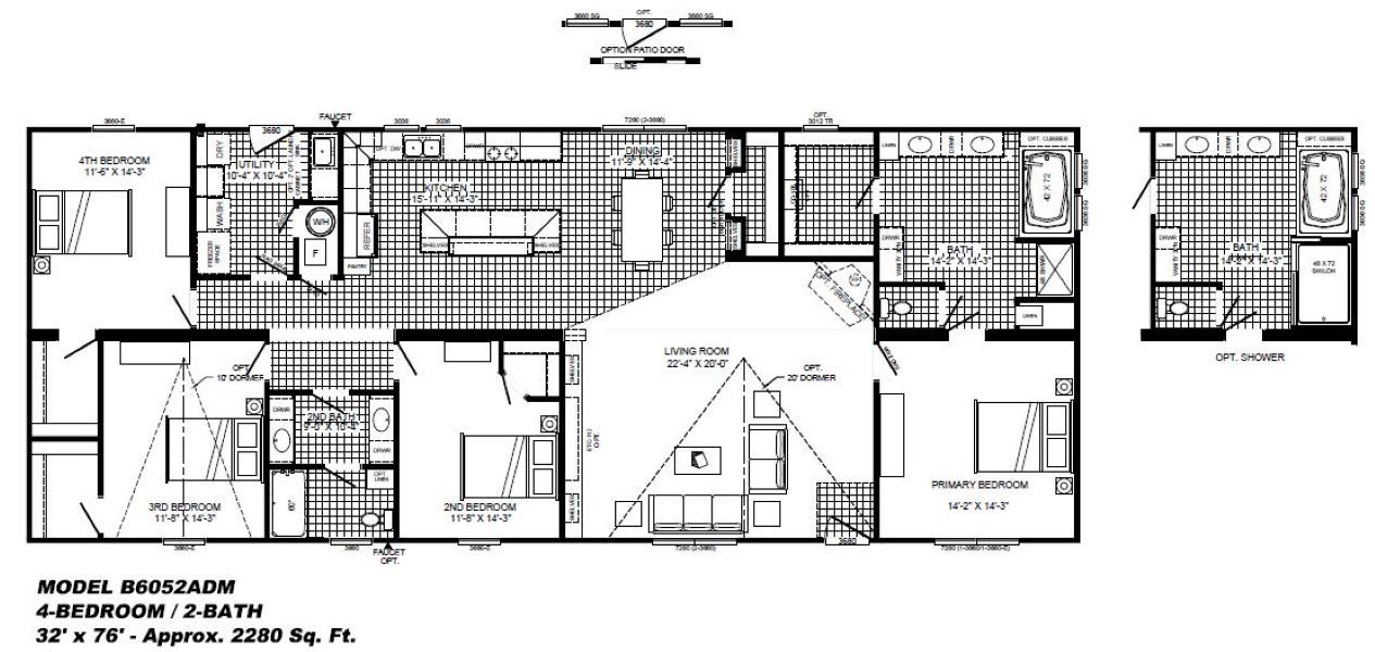 The THE LEAHY Floor Plan. This Manufactured Mobile Home features 4 bedrooms and 2 baths.
