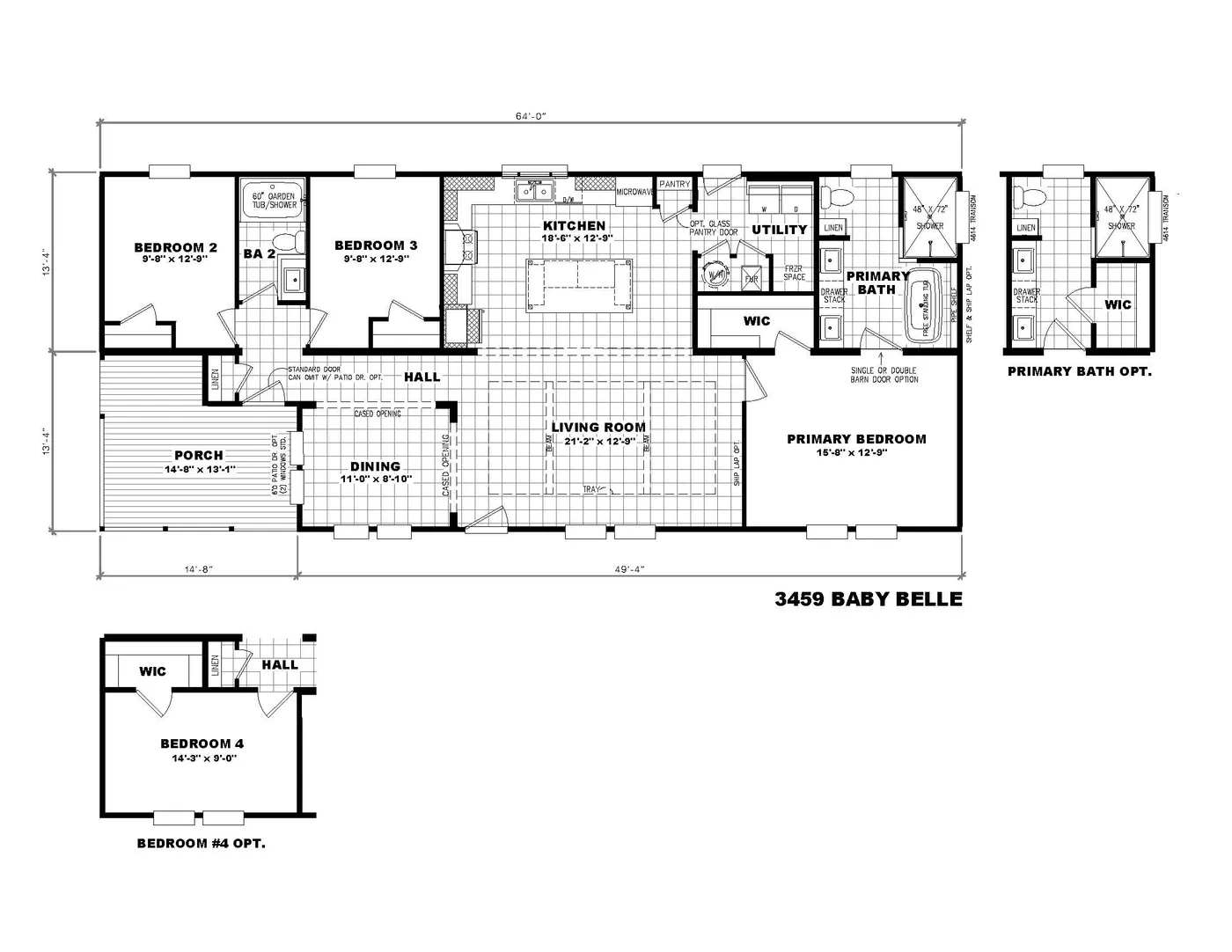 The 3459 MOD 64X28 CAROLINA Floor Plan. This Modular Home features 3 bedrooms and 2 baths.