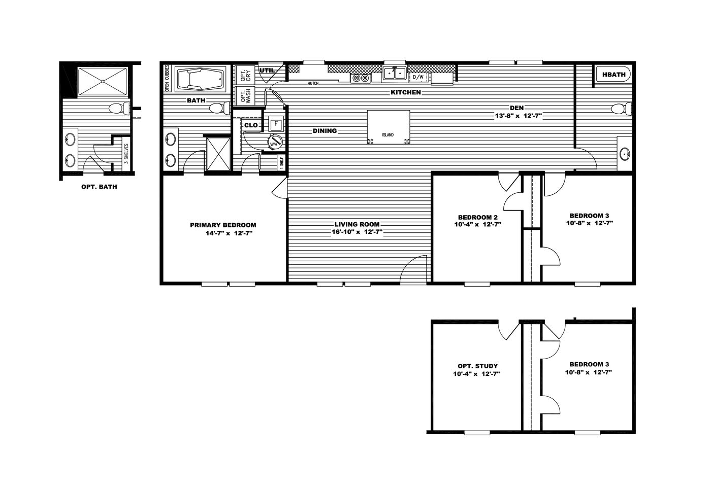 The ULTRA PRO 3 BR 28X56 Floor Plan. This Manufactured Mobile Home features 3 bedrooms and 2 baths.