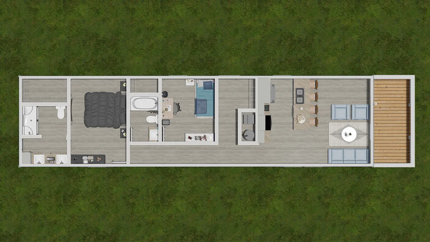 The 5400 "WILDWOOD" 58'4X16 Floor Plan. This Manufactured Mobile Home features 2 bedrooms and 2 baths.