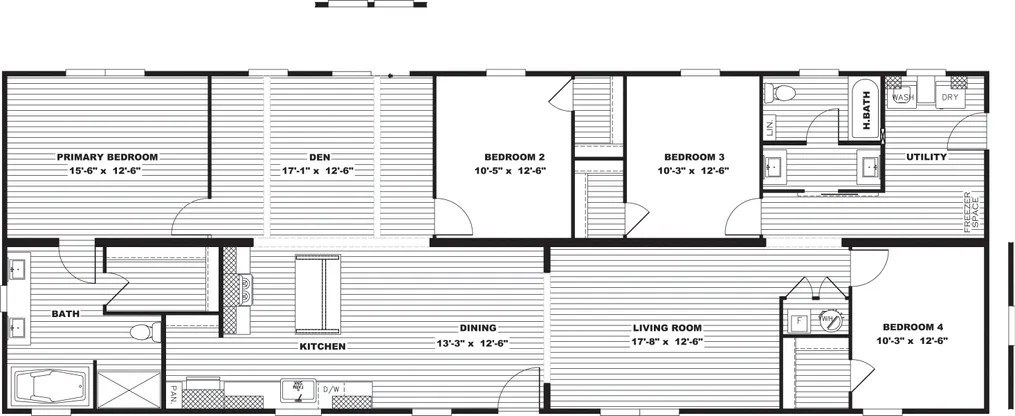 The EMMELINE Floor Plan. This Manufactured Mobile Home features 4 bedrooms and 2 baths.