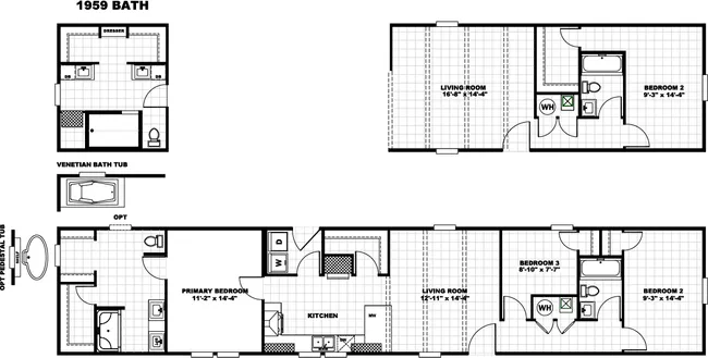 The THE 1959 Floor Plan. This Manufactured Mobile Home features 3 bedrooms and 2 baths.