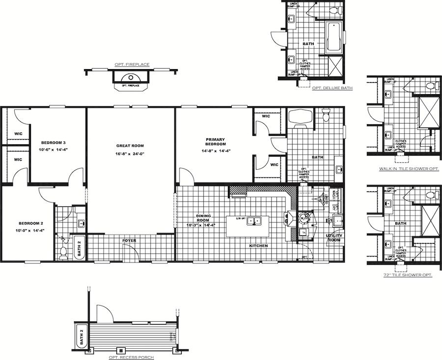 The FRONTIER Floor Plan. This Manufactured Mobile Home features 3 bedrooms and 2 baths.