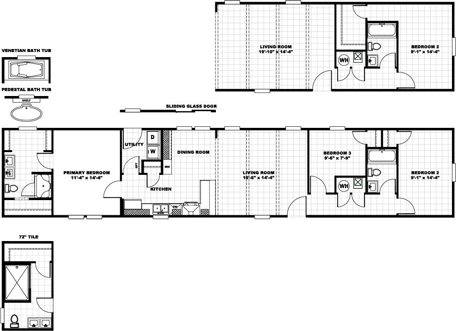 The ANNIVERSARY 76A Floor Plan. This Manufactured Mobile Home features 3 bedrooms and 2 baths.