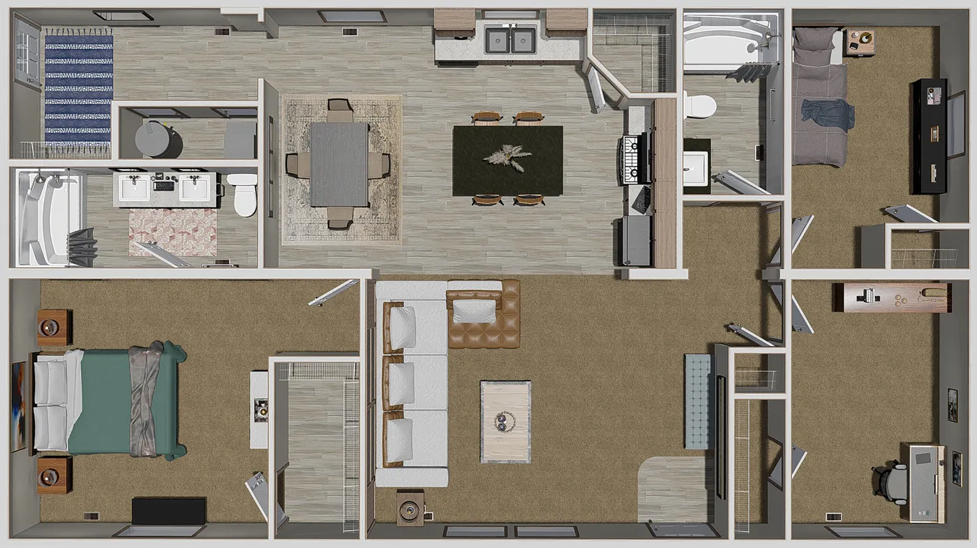 The 4828-E746 THE PULSE Floor Plan. This Manufactured Mobile Home features 3 bedrooms and 2 baths.