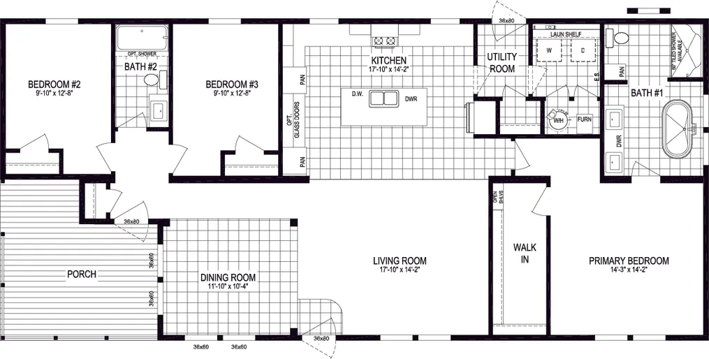 The STRATFORD PL 6630-MS062 SECT Floor Plan. This Manufactured Mobile Home features 3 bedrooms and 2 baths.