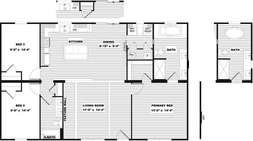 The SAWYER ELITE Floor Plan. This Manufactured Mobile Home features 3 bedrooms and 2 baths.