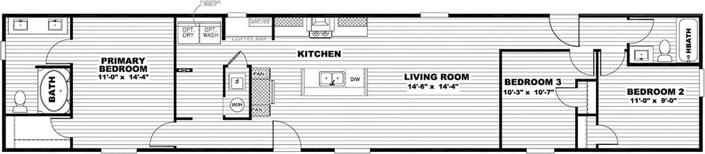 The SYDNEY Floor Plan. This Manufactured Mobile Home features 3 bedrooms and 2 baths.