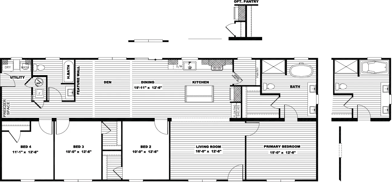 The ANGELINA Floor Plan. This Manufactured Mobile Home features 4 bedrooms and 2 baths.