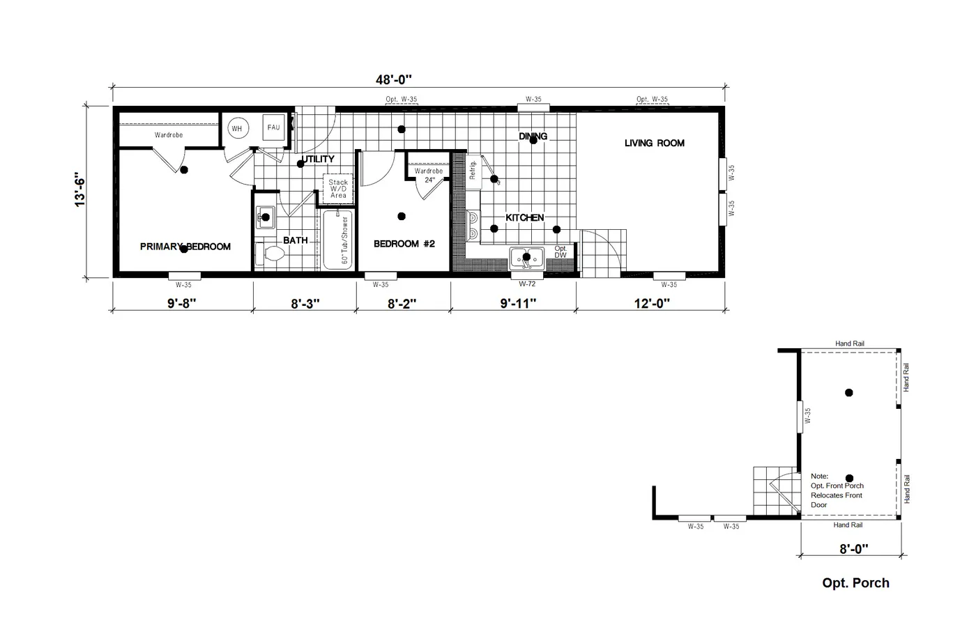 The DRM481M 48'              DREAM Floor Plan. This Manufactured Mobile Home features 2 bedrooms and 1 bath.