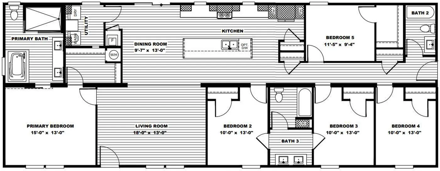 The BOUJEE XL Floor Plan with Optional 5th Bedroom. This Manufactured Mobile Home features 4 bedrooms and 3 baths.