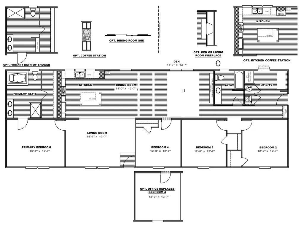 The TRADITION 76C Floor Plan. This Manufactured Mobile Home features 4 bedrooms and 2 baths.