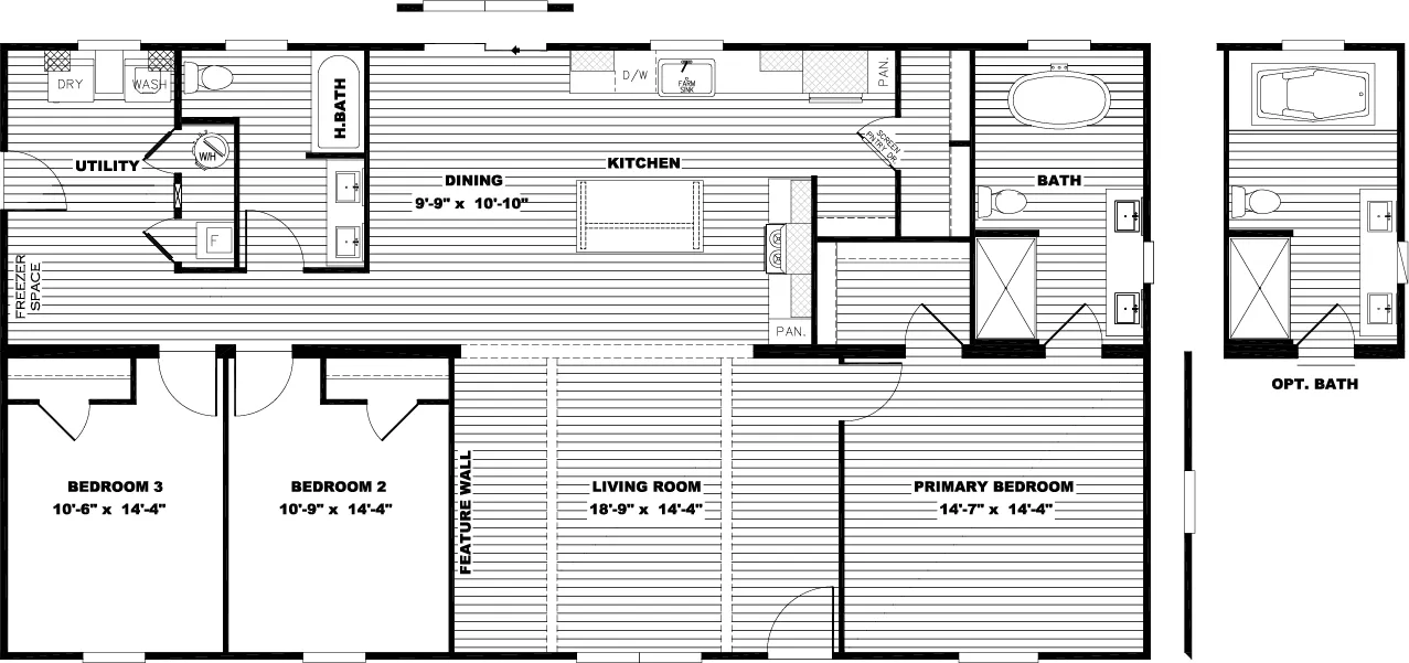 The EMILIE ELITE Floor Plan. This Manufactured Mobile Home features 3 bedrooms and 2 baths.