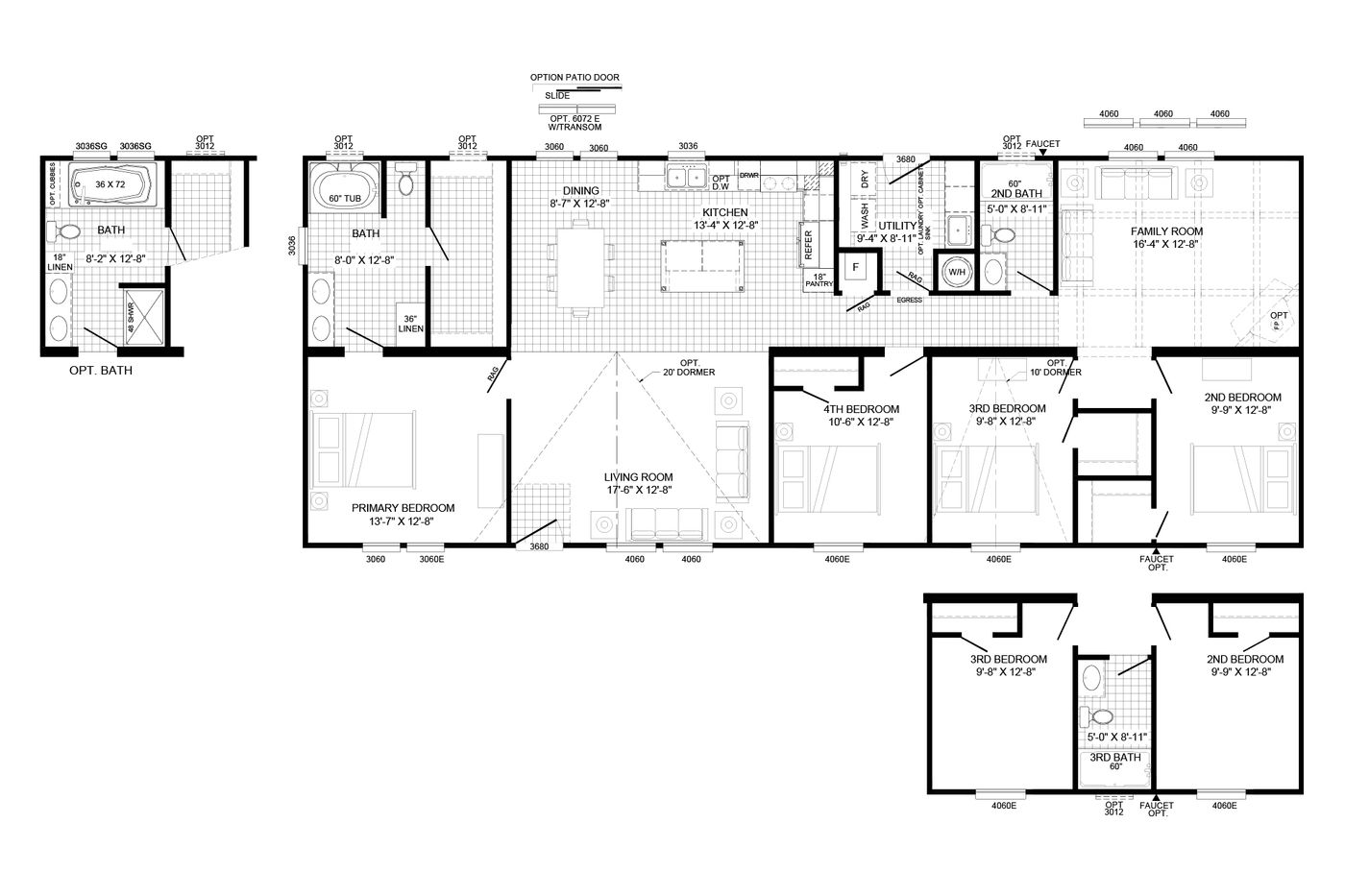 The THE KNIGHT Floor Plan. This Manufactured Mobile Home features 4 bedrooms and 2 baths.