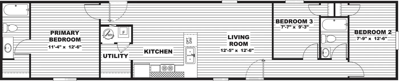 The HICKORY Floor Plan. This Manufactured Mobile Home features 3 bedrooms and 2 baths.