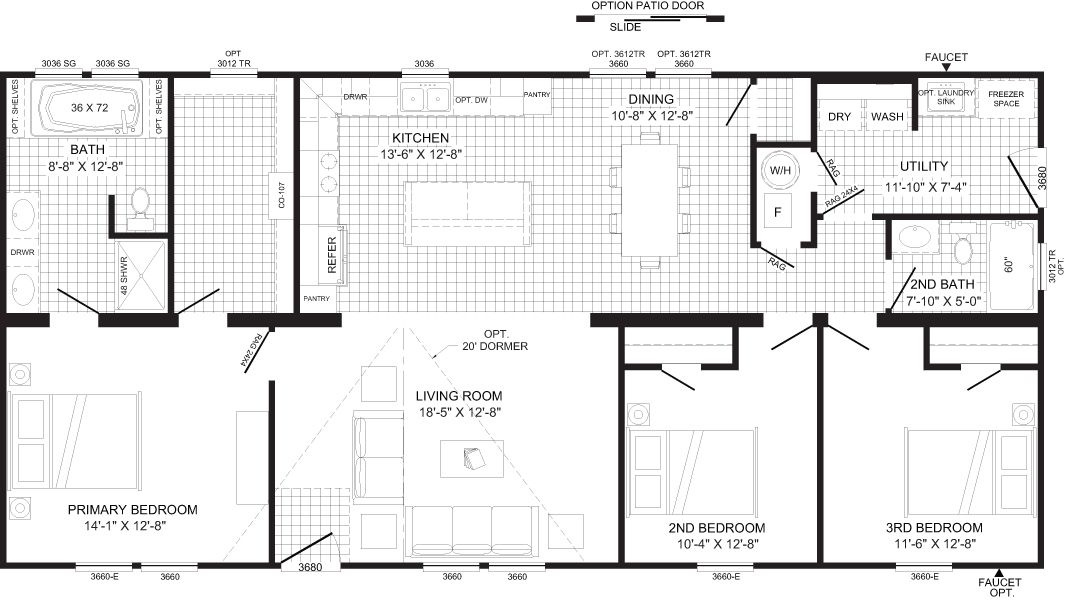 The THE JEFFERSON Floor Plan. This Manufactured Mobile Home features 3 bedrooms and 2 baths.