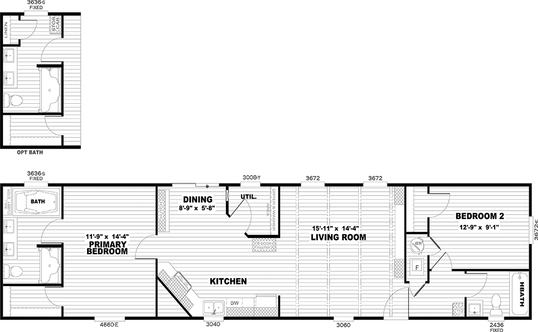 The ANNIVERSARY 16682F Floor Plan. This Manufactured Mobile Home features 2 bedrooms and 2 baths.
