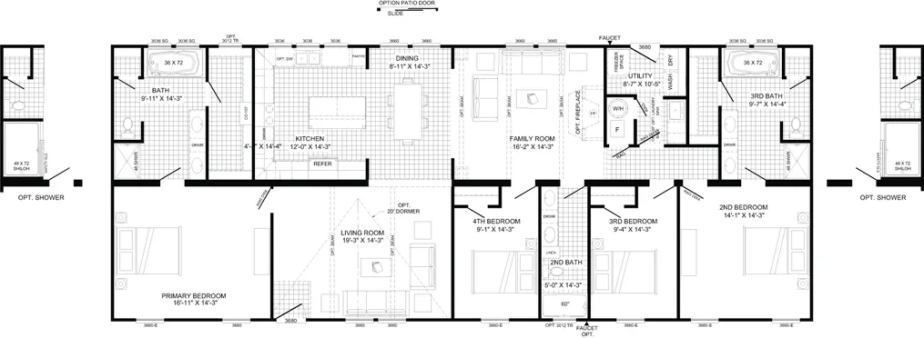 The THE RODDY Floor Plan. This Manufactured Mobile Home features 4 bedrooms and 3 baths.