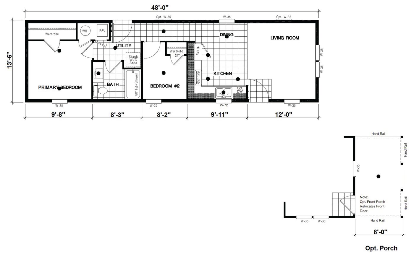 The DRM481M 48' DREAM Floor Plan. This Manufactured Mobile Home features 2 bedrooms and 1 bath.