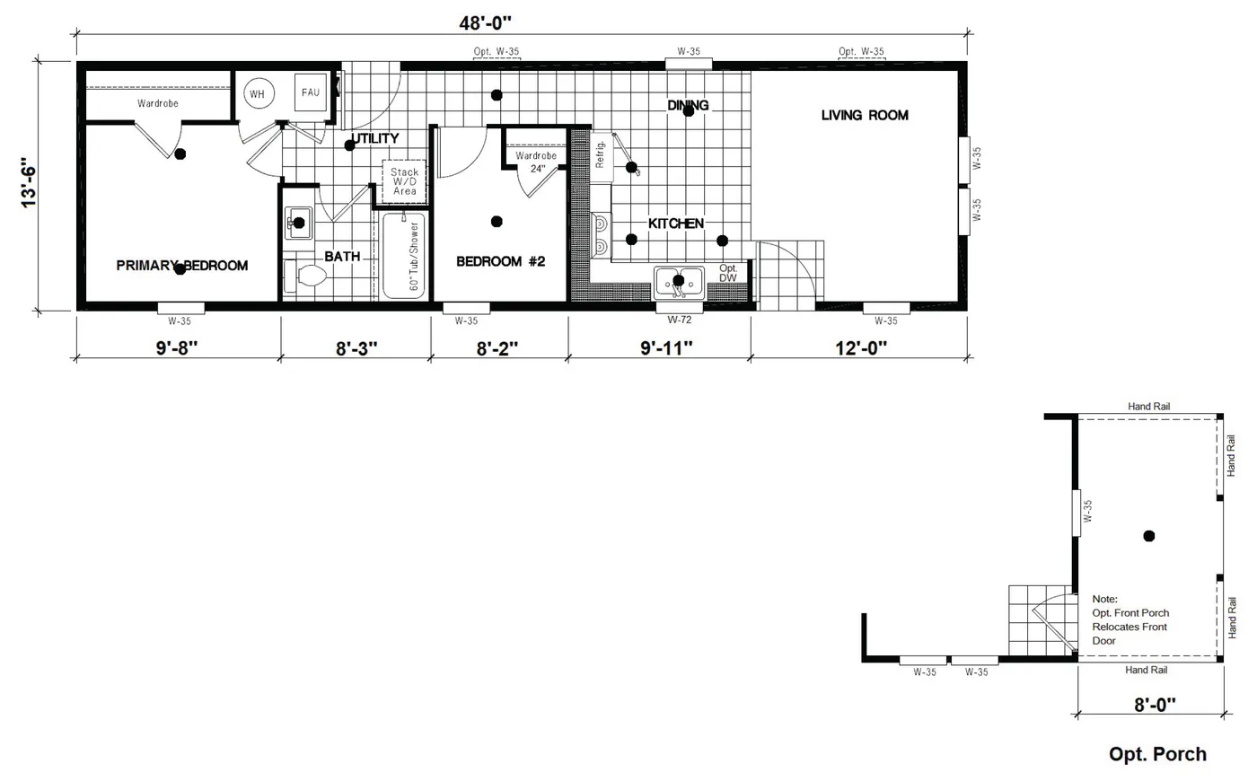 The DRM481M 48'              DREAM Floor Plan. This Manufactured Mobile Home features 2 bedrooms and 1 bath.