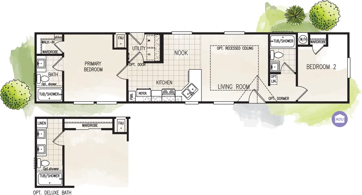 The FAIRPOINT 14602A Floor Plan. This Manufactured Mobile Home features 2 bedrooms and 2 baths.