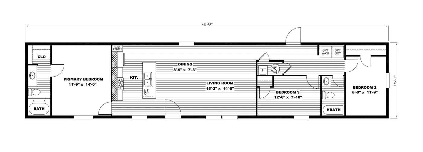 The LEGEND 16X72 COASTAL BREEZE I Floor Plan. This Manufactured Mobile Home features 3 bedrooms and 2 baths.
