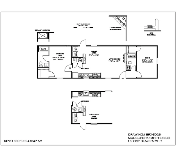 The BLAZER 56 B Floor Plan. This Manufactured Mobile Home features 2 bedrooms and 2 baths.