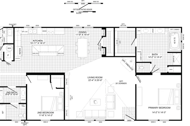 The THE LEAHY Floor Plan. This Manufactured Mobile Home features 4 bedrooms and 2 baths.