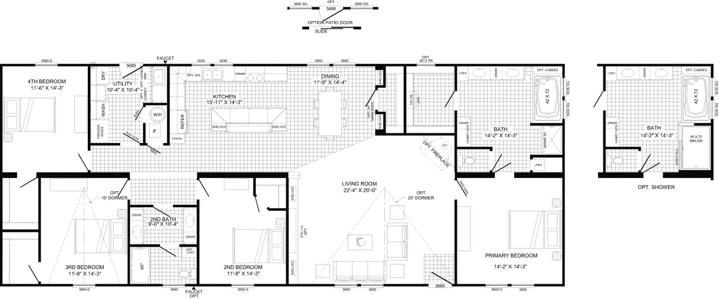 The THE LEAHY Floor Plan. This Manufactured Mobile Home features 4 bedrooms and 2 baths.