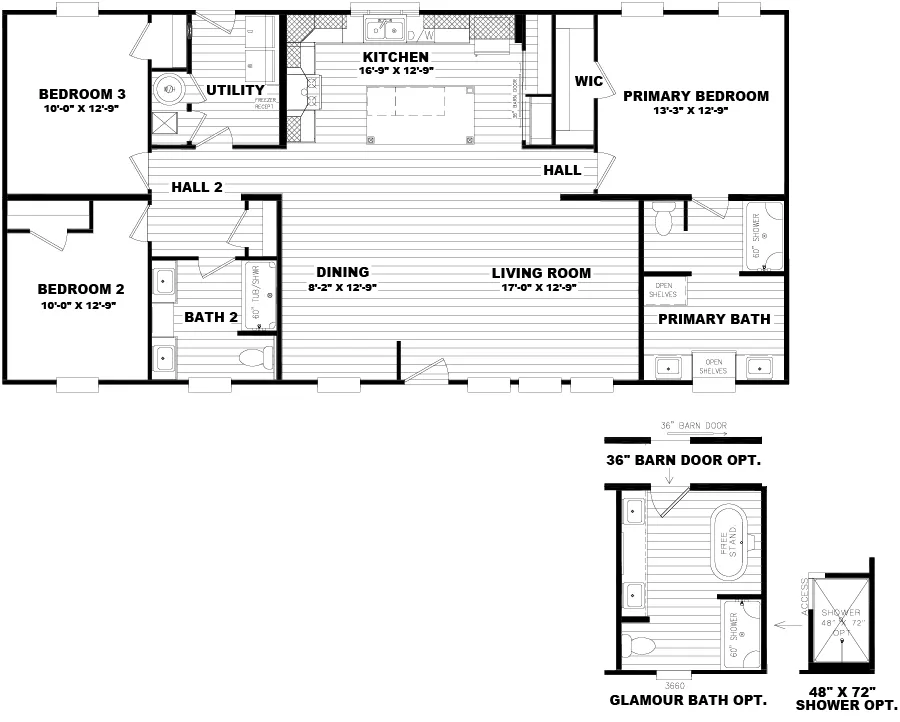 The M780 ISLAND BREEZE HUD Floor Plan. This Manufactured Mobile Home features 3 bedrooms and 2 baths.