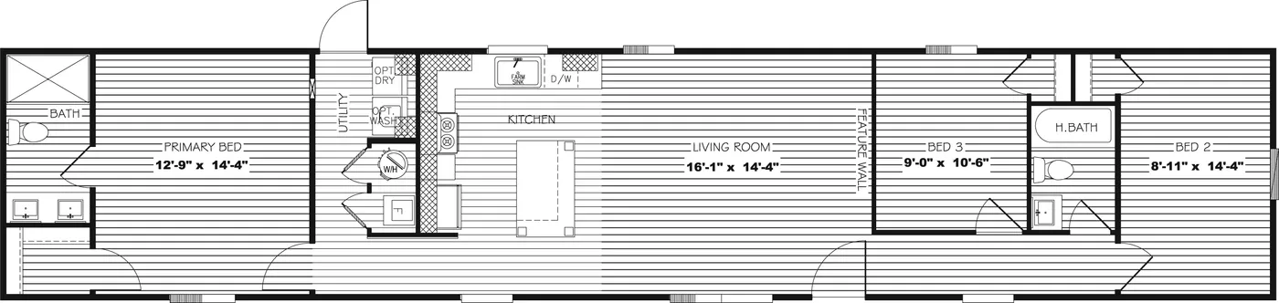 The LIBBY Floor Plan. This Manufactured Mobile Home features 3 bedrooms and 2 baths.