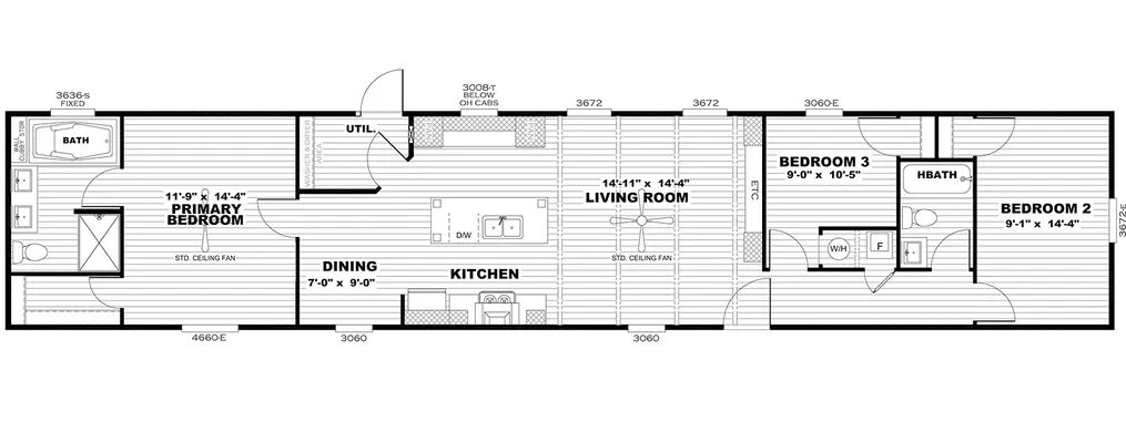 The ANNIVERSARY 16763S Floor Plan. This Manufactured Mobile Home features 3 bedrooms and 2 baths.