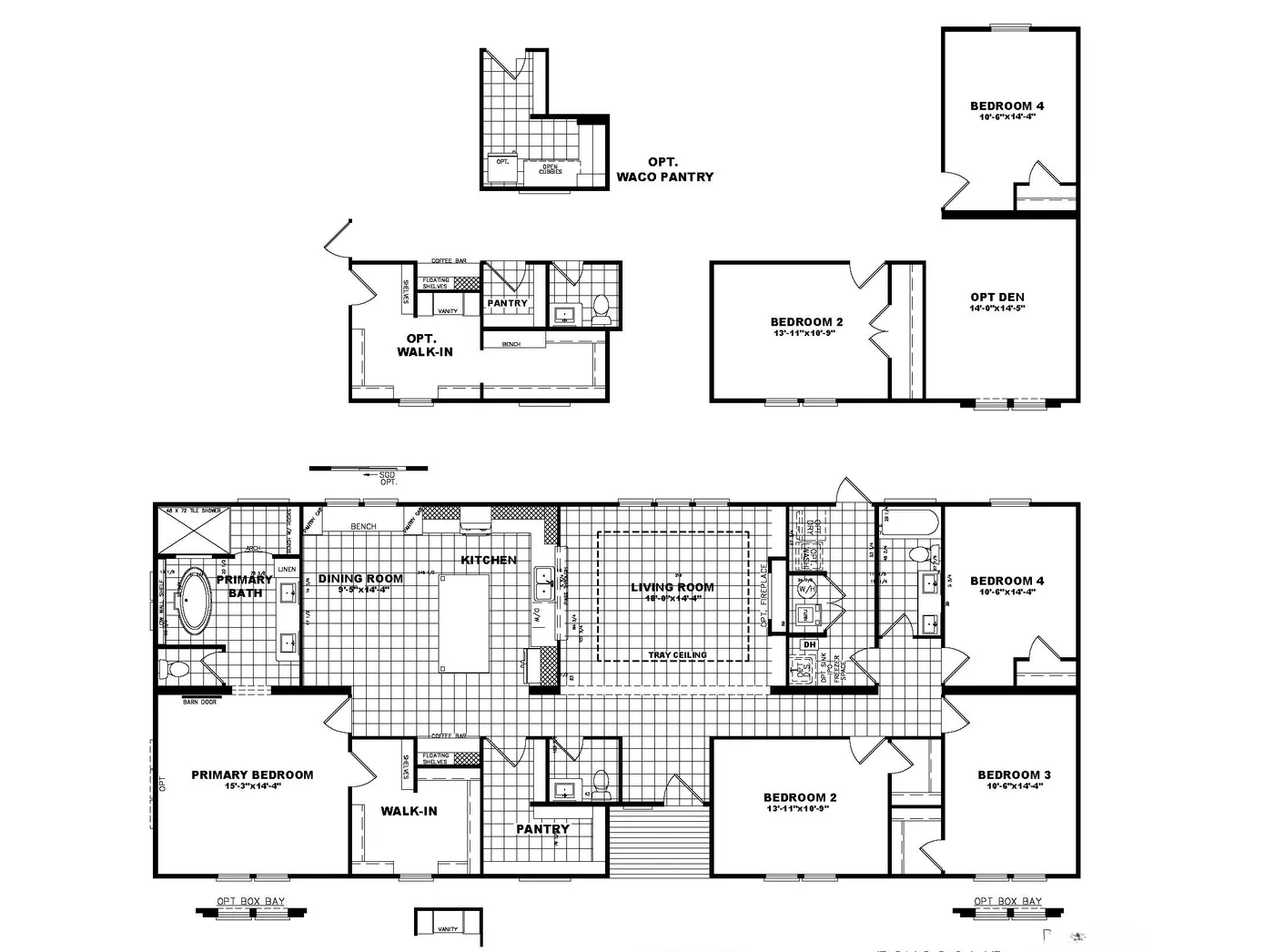 The THE VALENTINO Floor Plan. This Manufactured Mobile Home features 4 bedrooms and 2.5 baths.
