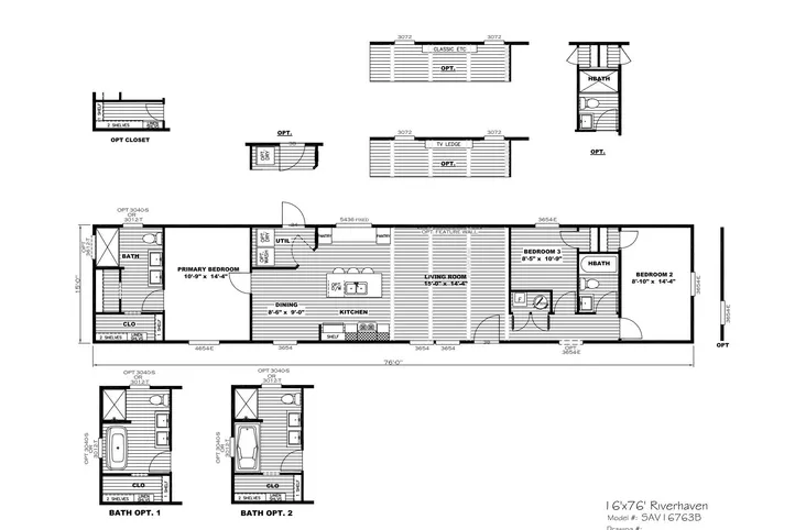 The RIVERHAVEN Floor Plan. This Manufactured Mobile Home features 3 bedrooms and 2 baths.