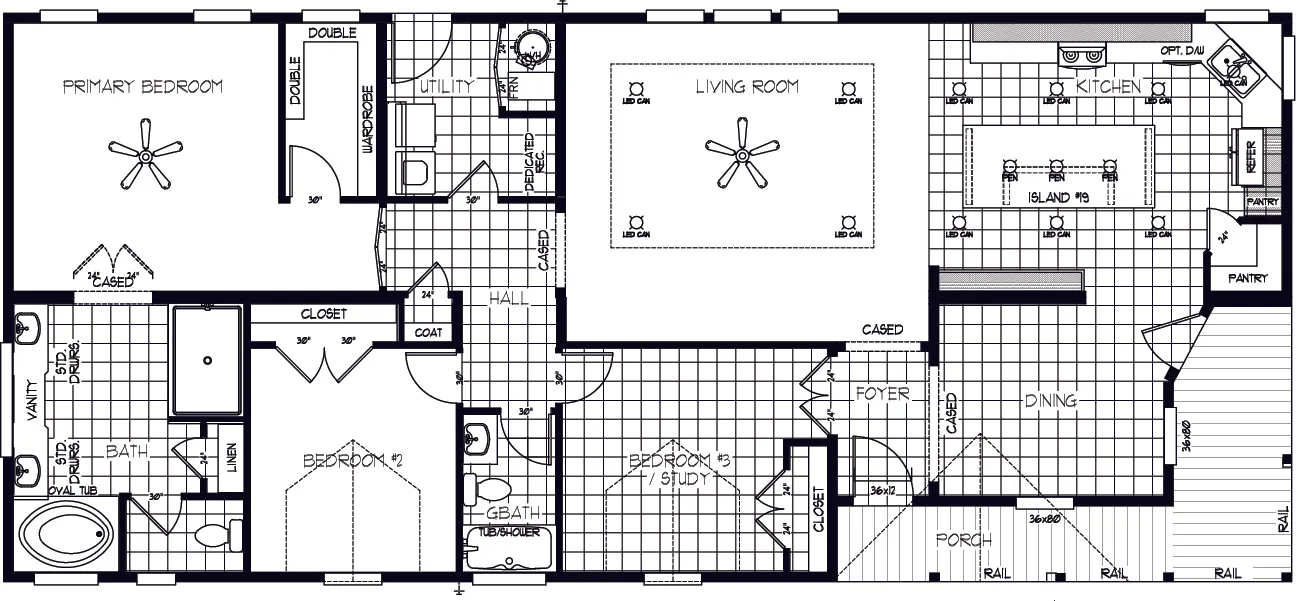 The SUM3068A Floor Plan. This Manufactured Mobile Home features 3 bedrooms and 2 baths.