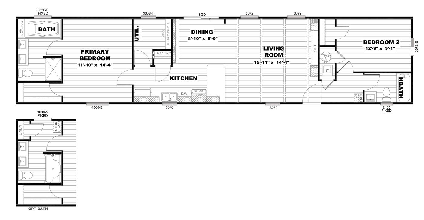 The ANNIVERSARY 16682A Floor Plan. This Manufactured Mobile Home features 2 bedrooms and 2 baths.