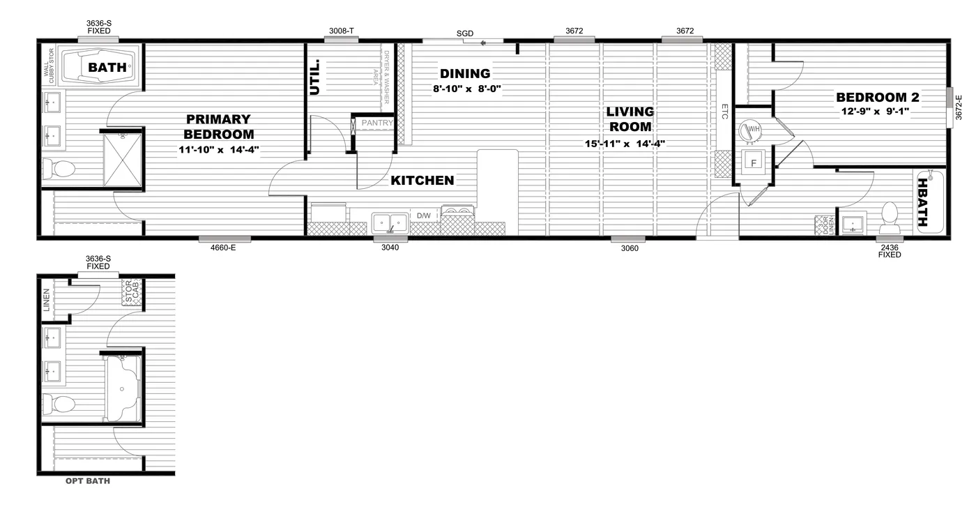 The ANNIVERSARY 16682A Floor Plan. This Manufactured Mobile Home features 2 bedrooms and 2 baths.