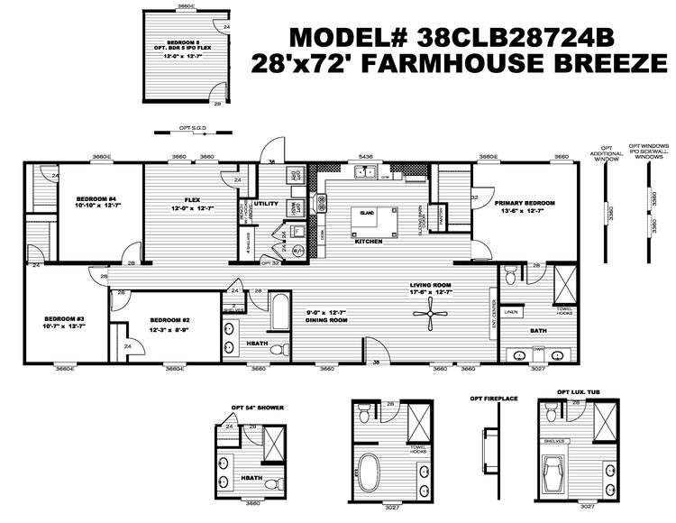 The BREEZE FARMHOUSE 72 Floor Plan. This Manufactured Mobile Home features 4 bedrooms and 2 baths.