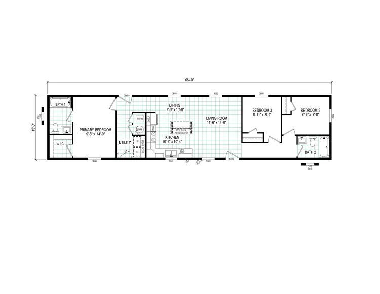 The 6616-4200 ADRENALINE Floor Plan. This Manufactured Mobile Home features 3 bedrooms and 2 baths.