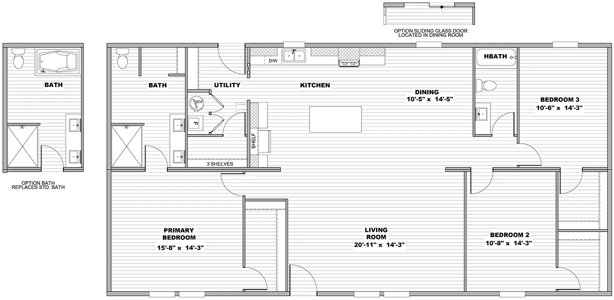 The HARBOR Floor Plan. This Manufactured Mobile Home features 3 bedrooms and 2 baths.