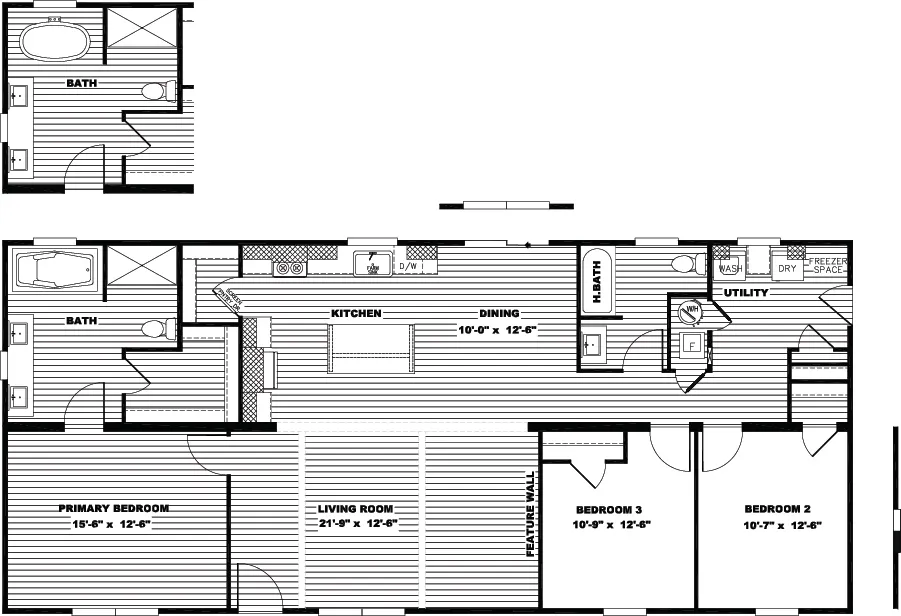 The FARM 3 FLEX Floor Plan. This Manufactured Mobile Home features 3 bedrooms and 2 baths.