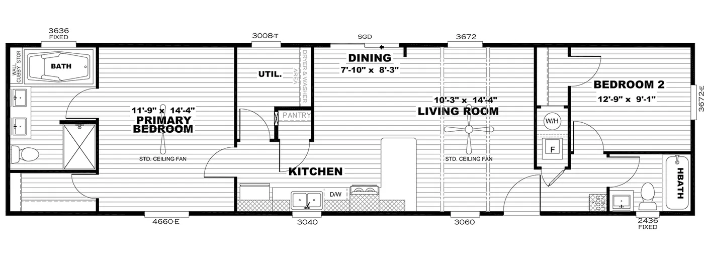 The ANNIVERSARY 16602A Floor Plan. This Manufactured Mobile Home features 2 bedrooms and 2 baths.