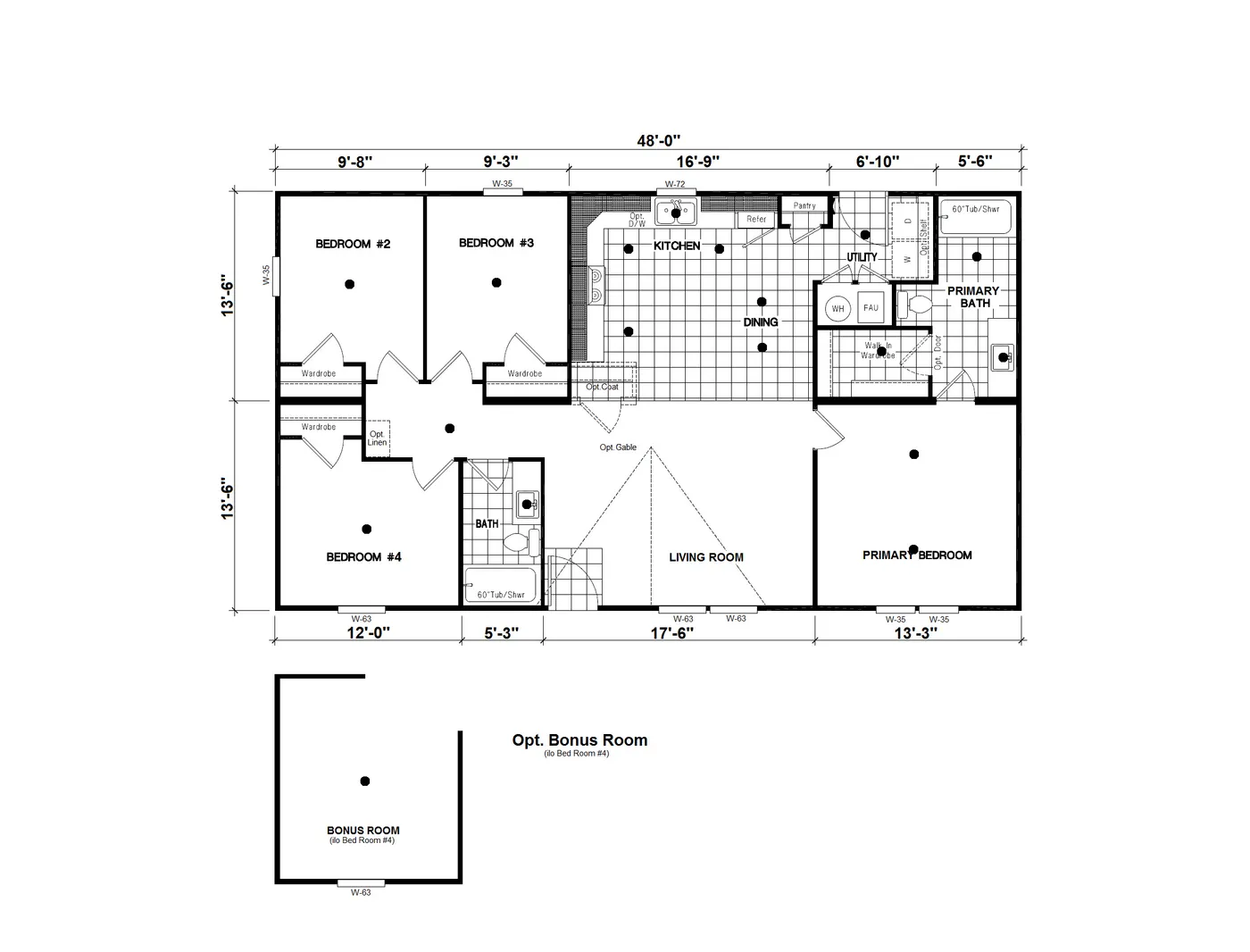 The DRM486F 48'              DREAM Floor Plan. This Manufactured Mobile Home features 4 bedrooms and 2 baths.