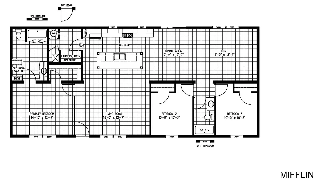 The MIFFLIN 6028-942 Floor Plan. This Manufactured Mobile Home features 3 bedrooms and 2 baths.