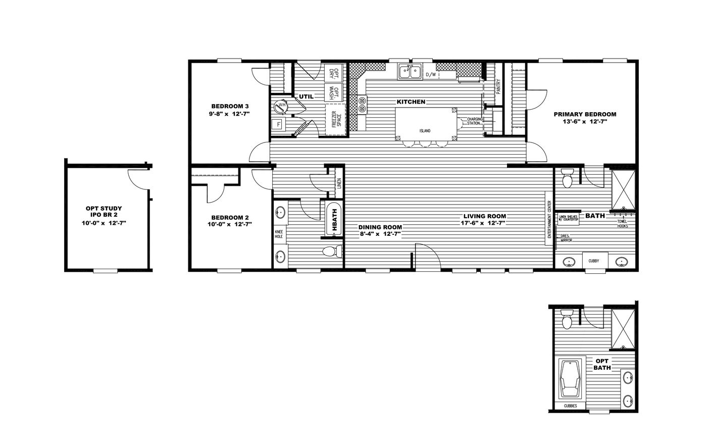 The ULTRA ISLAND BREEZE 56' Floor Plan. This Manufactured Mobile Home features 3 bedrooms and 2 baths.